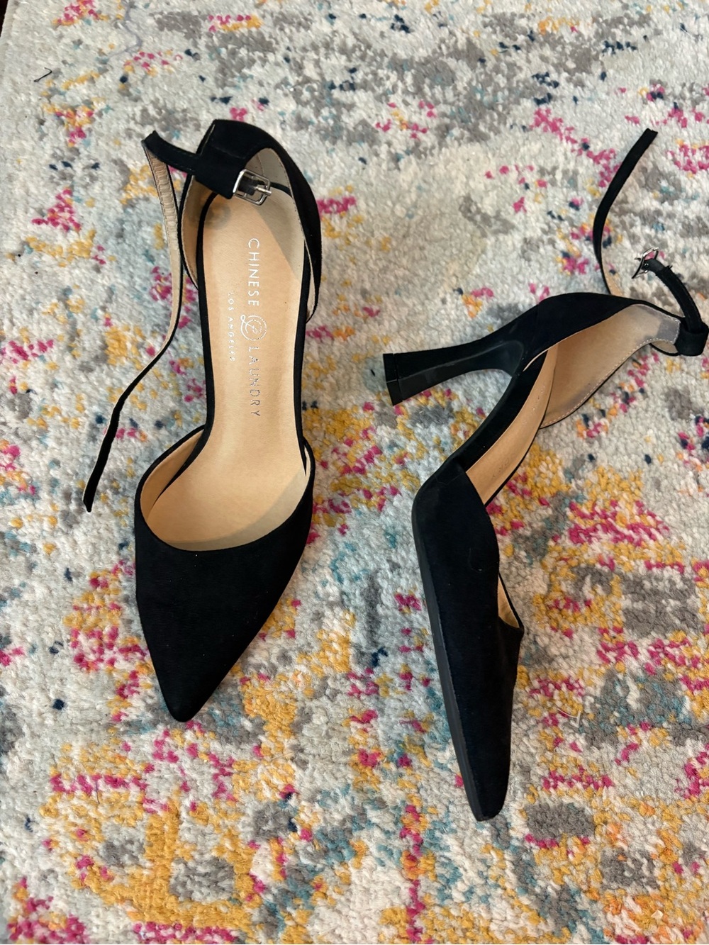 Chinese Laundry Black Suede Pointed Toe Ankle-Strap Heels